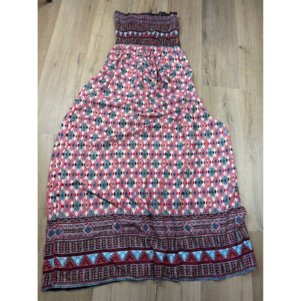 Chesley Boho Womens Red Blue Geometric Smocked Strapless Rayon Maxi Dress Size M
